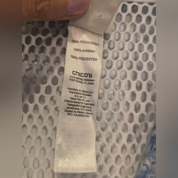 Chico's Blue White Perforated Zip Front Jacket Cover Up Mesh Cardigan Boho Sz 3X - Picture 9 of 12